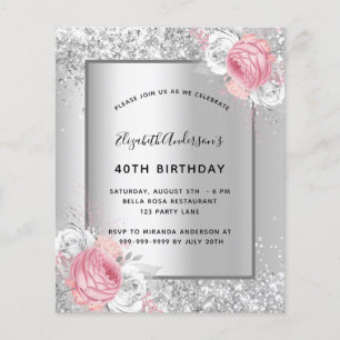 Birthday silver pink floral budget invitation flyer
