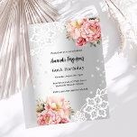 Birthday silver pink florals lace invitation<br><div class="desc">For an elegant 60th (or any age) birthday party.  A faux silver looking background decorated with pink and rose gold florals,  roses,  diamonds and white lace.  Personalise and add your names and details.</div>