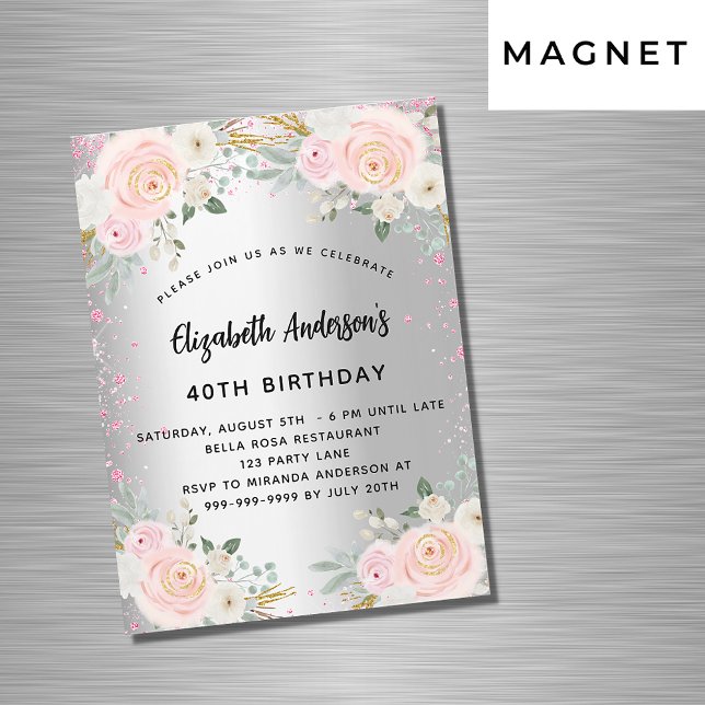 Birthday silver pink flowers glitter luxury magnetic invitation (Creator Uploaded)