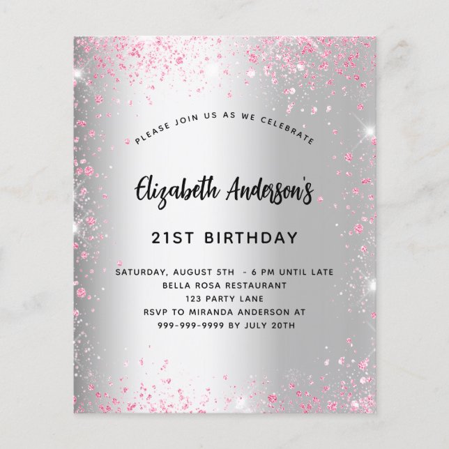 Birthday silver pink glitter budget invitation (Front)