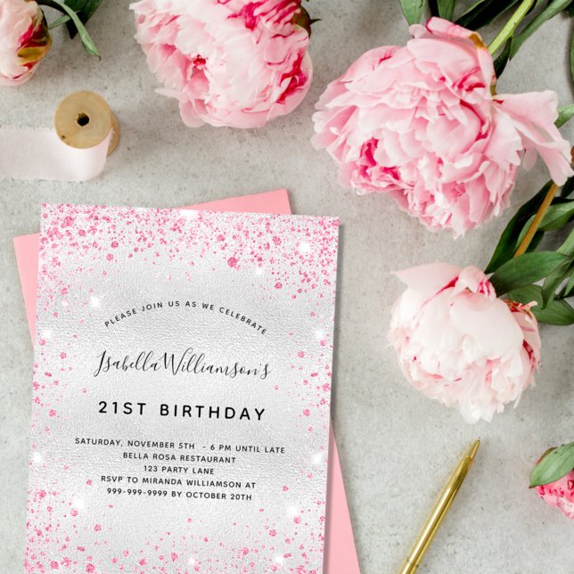 Birthday silver pink glitter budget invitation flyer (Creator Uploaded)