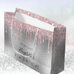 Birthday silver pink glitter drips name large gift bag<br><div class="desc">A gift bag for a girly and glamorous 21st (or any age) birthday. A faux silver metallic looking background with pink faux glitter drips, paint dripping look. Personalize and add a date, name and age 21. The text: The name is written in black with a modern hand lettered style script....</div>
