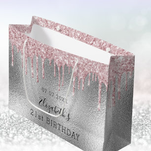Birthday silver pink glitter drips name large gift bag