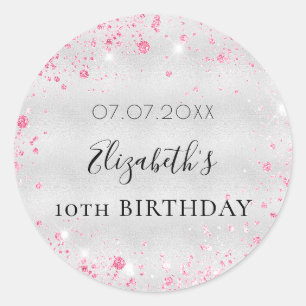 Birthday silver pink glitter dust girl name date  classic round sticker