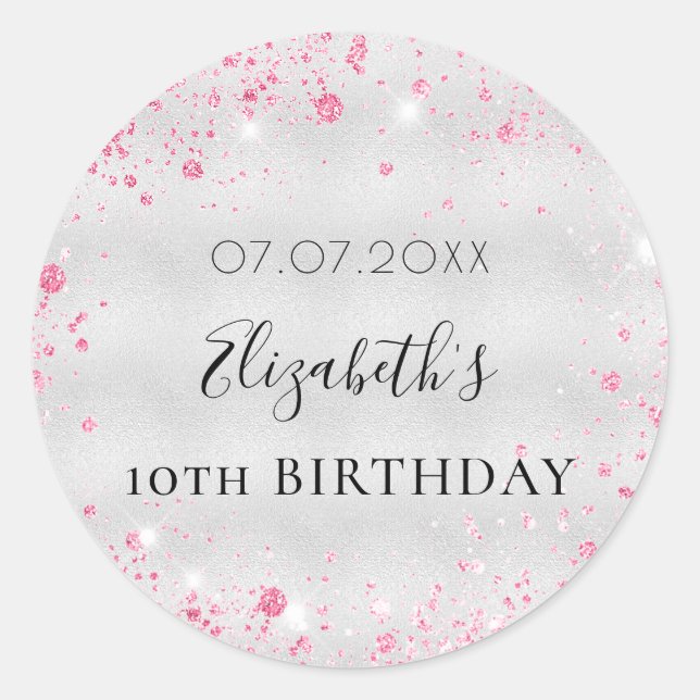 Birthday silver pink glitter dust girl name date  classic round sticker (Front)
