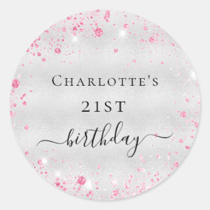 Birthday silver pink glitter dust monogram classic round sticker