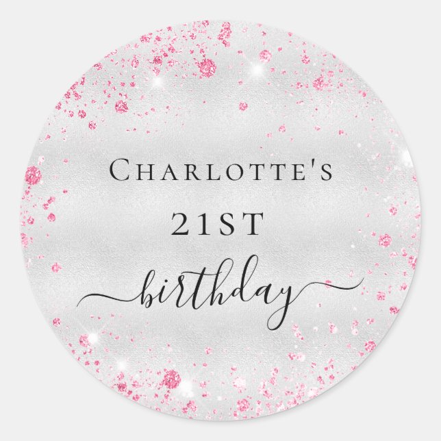 Birthday silver pink glitter dust monogram classic round sticker (Front)