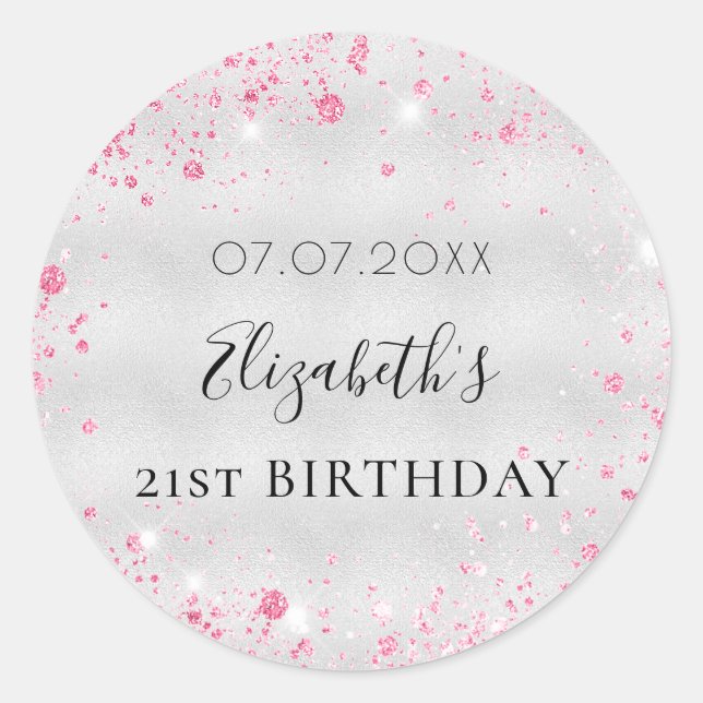 Birthday silver pink glitter dust name date classic round sticker (Front)