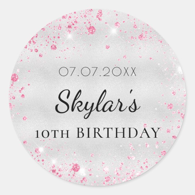 Birthday silver pink glitter girl classic round sticker (Front)