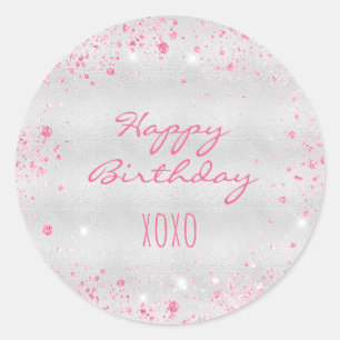 Birthday silver pink glitter hugs kisses classic round sticker