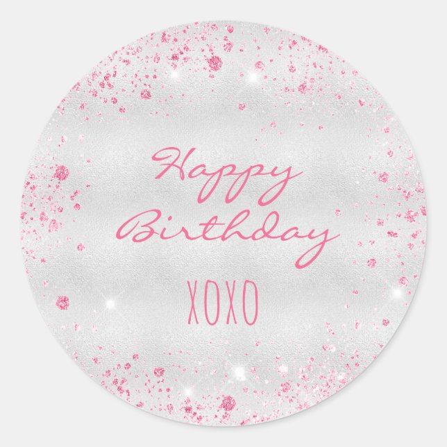 Birthday silver pink glitter hugs kisses classic round sticker (Front)