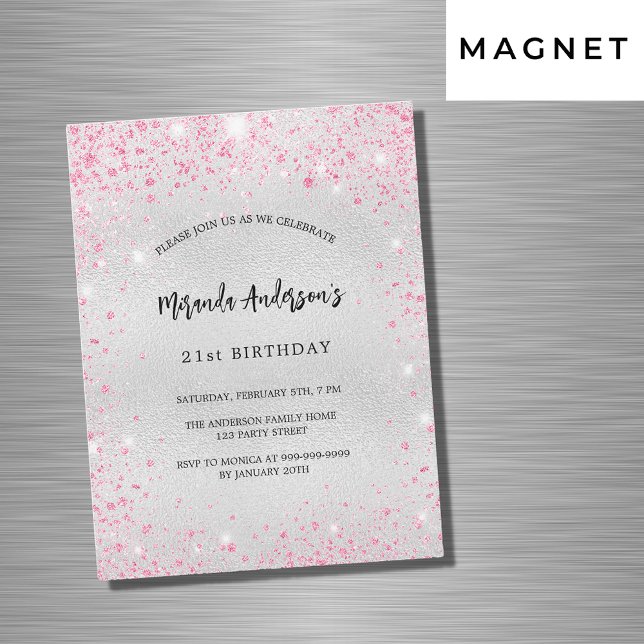 Birthday silver pink glitter luxury magnetic invitation (Creator Uploaded)