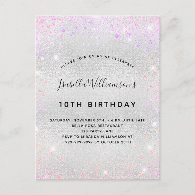 Birthday silver pink purple glitter dust girl invitation postcard (Front)