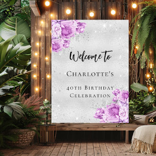 Birthday silver pink violet flowers welcome party poster