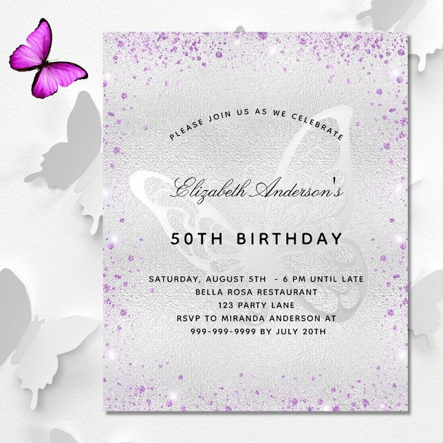Birthday silver purple butterfly budget invitation flyer (Creator Uploaded)