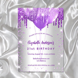 Birthday silver purple glitter balloons luxury invitation
