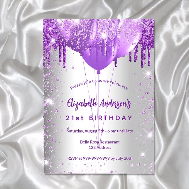Birthday silver purple glitter balloons luxury invitation (Creator Uploaded)
