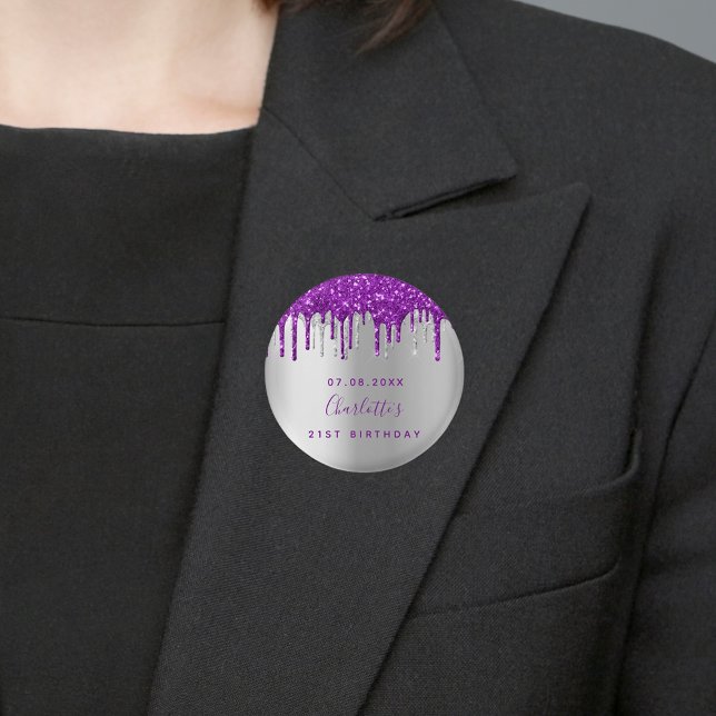 Birthday silver purple glitter custom monogram 3 cm round badge (Creator Uploaded)