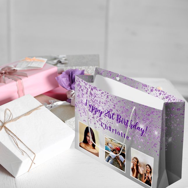 Birthday silver purple glitter custom photo name large gift bag (Creator Uploaded)