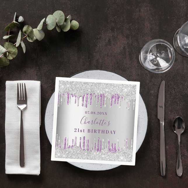Birthday silver purple glitter drip monogram napkin (Creator Uploaded)