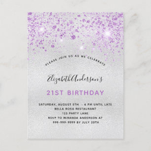 Birthday silver purple glitter drops invitation postcard