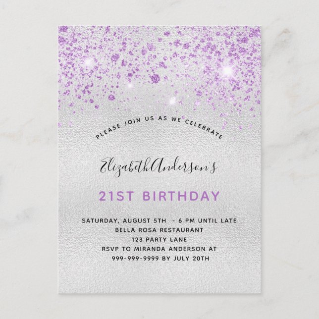 Birthday silver purple glitter drops invitation postcard (Front)