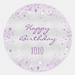 Birthday silver purple glitter dust hugs classic round sticker