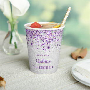 Birthday silver purple glitter dust monogram paper cups