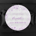 Birthday silver purple glitter dust name date classic round sticker<br><div class="desc">For an elegant 21st (or any age) birthday. A faux silver metallic looking background. Decorated with purple faux glitter dust. Personalise and add a date,  name and age 21.
Can be used for party favours and also as a Save the Date reminder for the guests.</div>