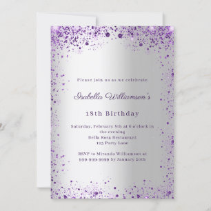 Birthday silver purple glitter invitation