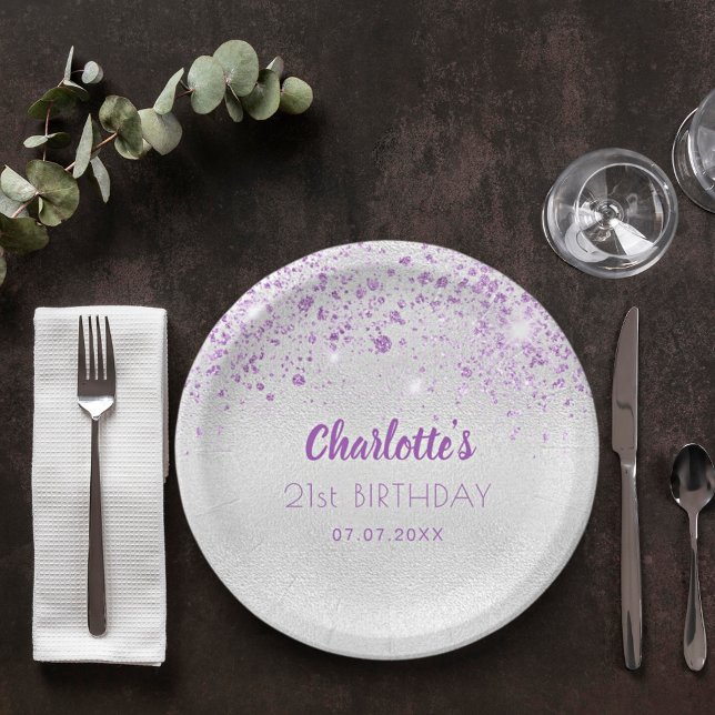 Birthday silver purple glitter name paper plate (Creator Uploaded)