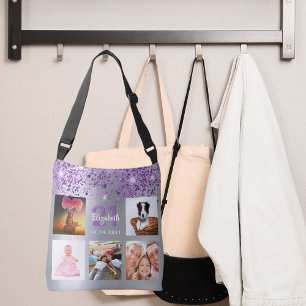 Birthday silver purple glitter photo collage name crossbody bag