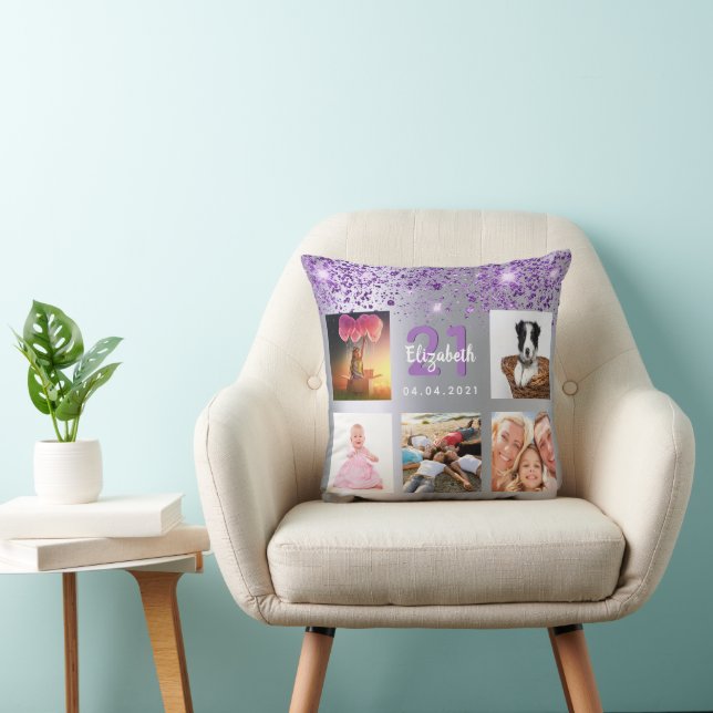 Birthday silver purple glitter photo collage name cushion (Chair)