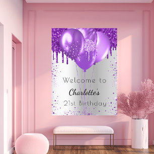 Birthday silver purple glitter welcome balloons poster