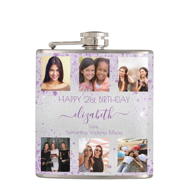 Birthday silver purple photo collage friends hip flask (Front)