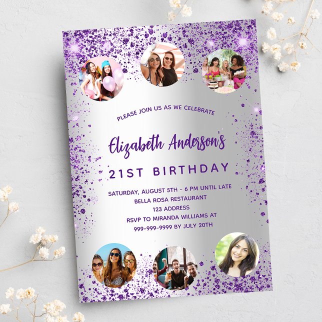 Birthday silver purple photo friends luxury invitation (Creator Uploaded)