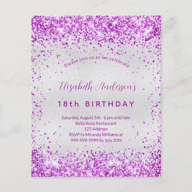 Birthday silver purple pink budget invitation flyer (Front)