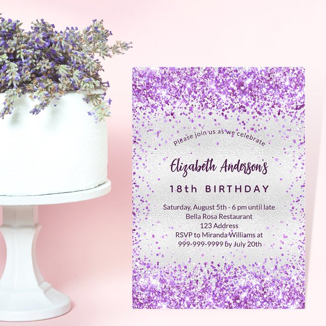 Birthday silver purple violet glitter glamourous invitation (Creator Uploaded)