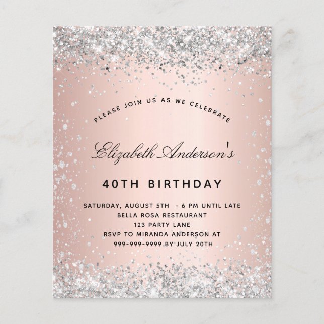 Birthday silver rose gold budget invitation flyer (Front)