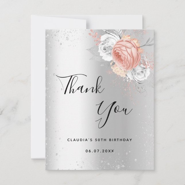 Birthday silver rose gold floral sparkle thank you card (Front)