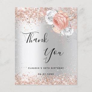 Birthday silver rose gold florals thank you card