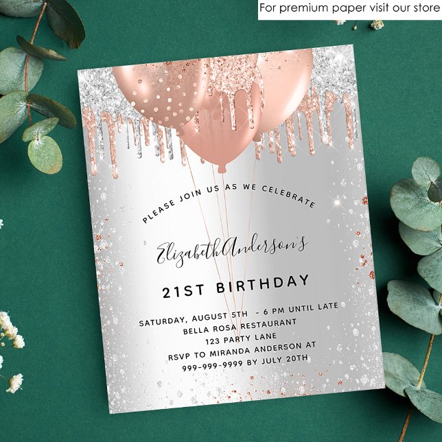 Birthday silver rose gold glitter balloons budget flyer (Creator Uploaded)
