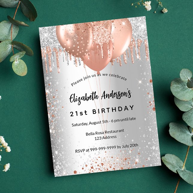 Birthday silver rose gold glitter balloons invitation (Creator Uploaded)
