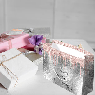 Birthday silver rose gold glitter drips monogram large gift bag