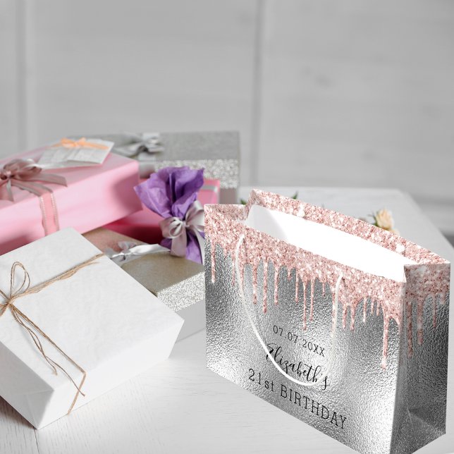 Birthday silver rose gold glitter drips monogram large gift bag (Creator Uploaded)