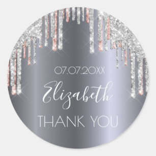 Birthday silver rose gold glitter drips Thank You Classic Round Sticker