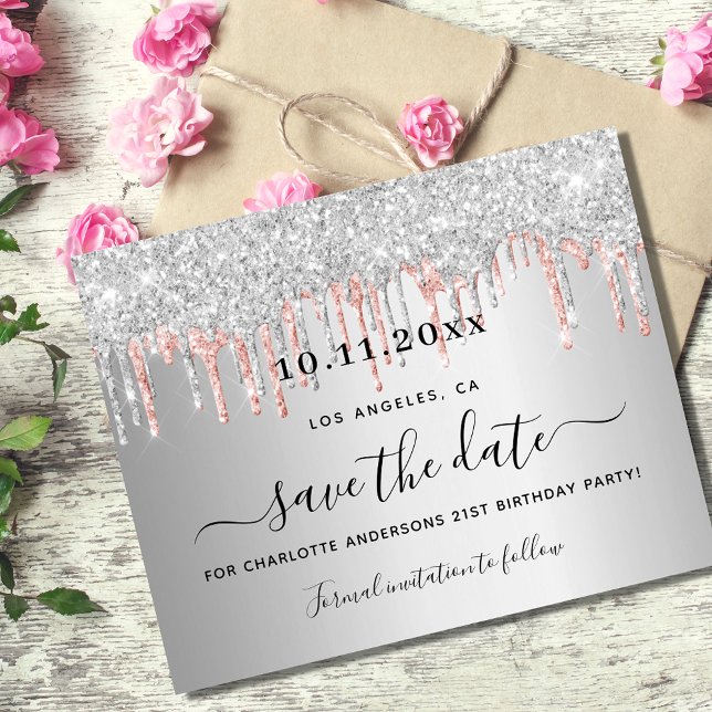 Birthday silver rose gold glitter save the date (Creator Uploaded)