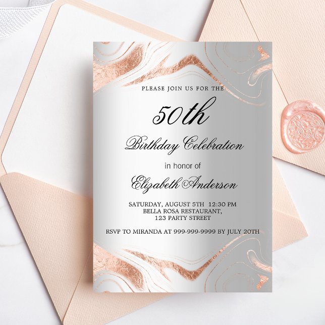 Birthday silver rose gold marble elegant invitation (Creator Uploaded)