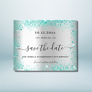 Birthday silver teal glitter budget save the date flyer