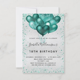Birthday silver teal glitter dust balloons invitation